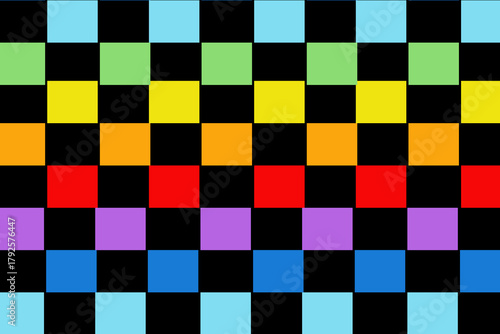 Black and rainbow chequerboard. Seamless vector ombré pattern suitable for fashion, home decor and stationary.