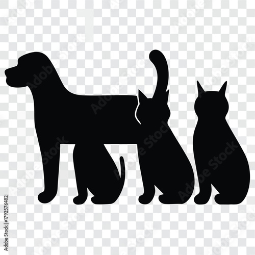 Harmony of Pets: A black silhouette of a dog stands gracefully beside two cats, representing the tranquil and delightful camaraderie between these domestic companions.