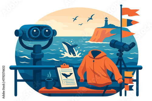 Coastal observation setup with binoculars, telescope, and breaching whale