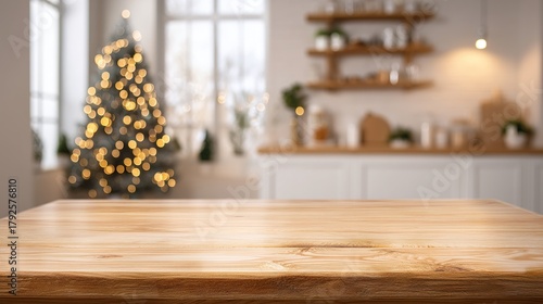An empty wooden table in a white kitchen with a blurred christmas tree and lights in the background for a christmas promotion or food presentation product display mockup