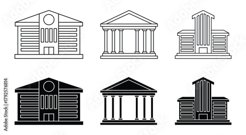 Bank Building Icon Set  Financial Institution, Court, and Government Architecture Symbols Vector Illustration