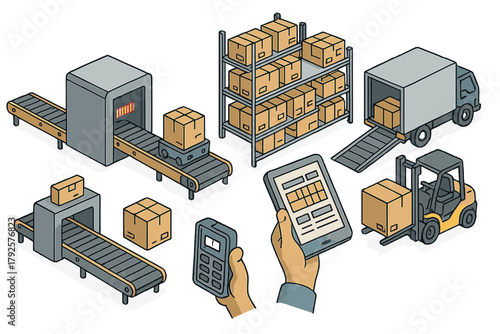 Isometric logistics and warehouse operations including scanning, sorting, storage, shipping, and inventory management