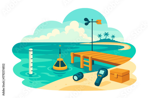 Coastal weather and water monitoring equipment with a buoy, pier, and tropical island background