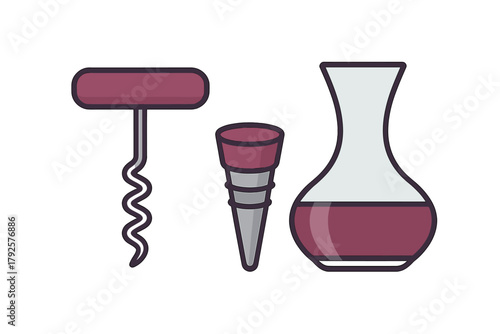 Essential tools for serving wine featuring a corkscrew, bottle stopper, and elegant glass decanter