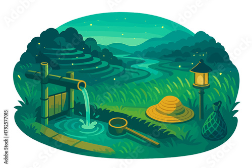 Serene twilight landscape with bamboo water feature and rice terraces under fireflies