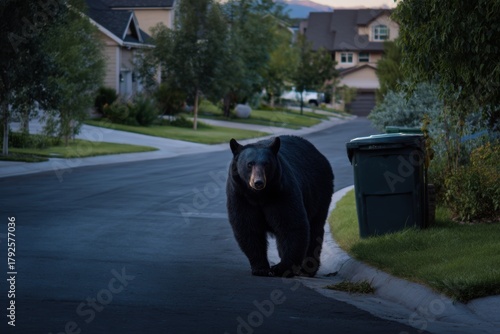 black bear standing in a suburban residential neighborhood street near trash cans symbolizing human and wild animal conflict