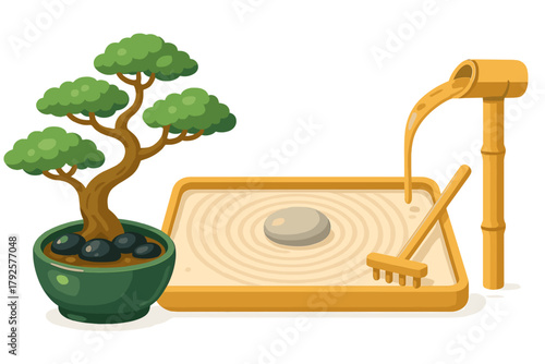 Miniature Japanese rock garden with bonsai tree, raked sand, stone, and bamboo water spout