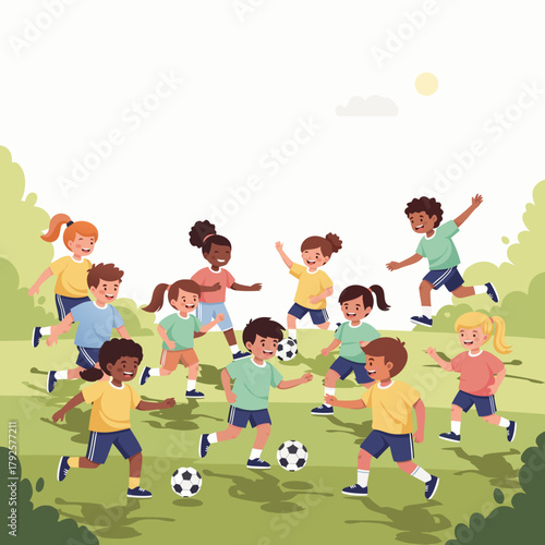 Joyful diverse children actively playing soccer together outdoors on a sunny day in a park