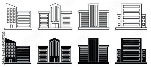 Finance and Bank Icons  Flat Design of Government and Corporate Buildings in Outline and Filled Styles
