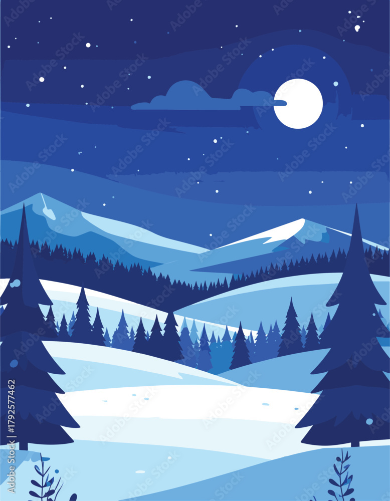 Fototapeta premium Winter Night Mountain Landscape Vector 