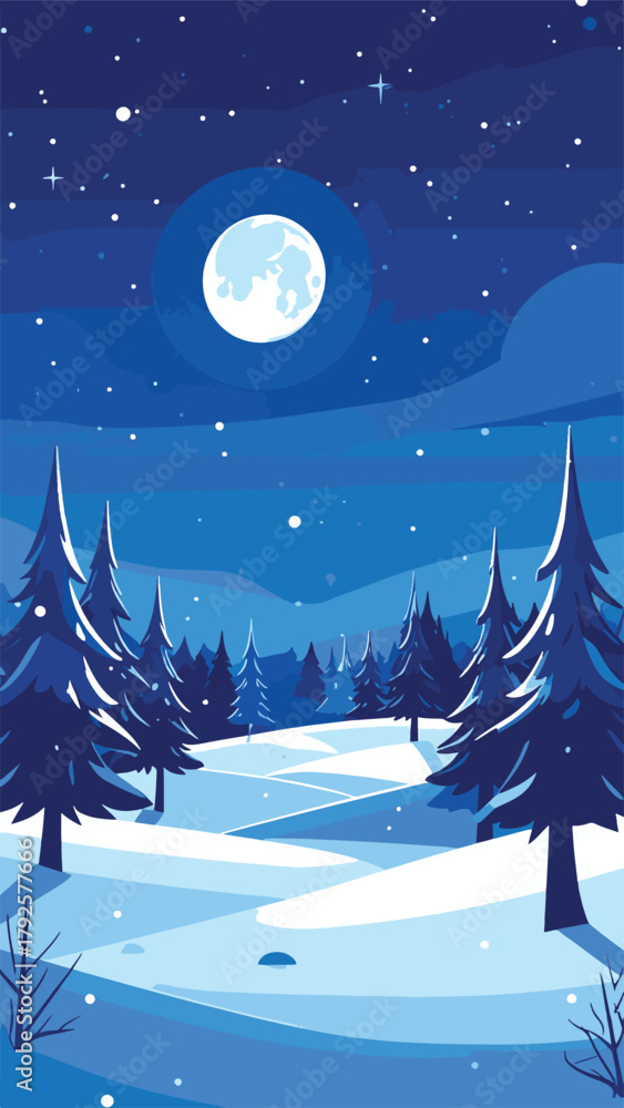 Fototapeta premium Winter Night Mountain Landscape Vector 