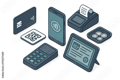 Isometric set of modern payment methods including credit card, smartphone, POS terminal, and QR code