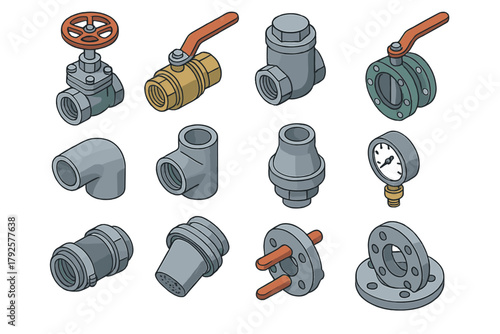 Isometric set of industrial pipe fittings, plumbing valves, pressure gauge, and connectors