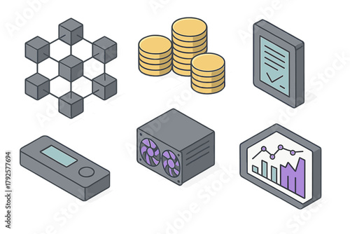 Isometric cryptocurrency and blockchain technology concepts including mining rig digital wallet and financial chart