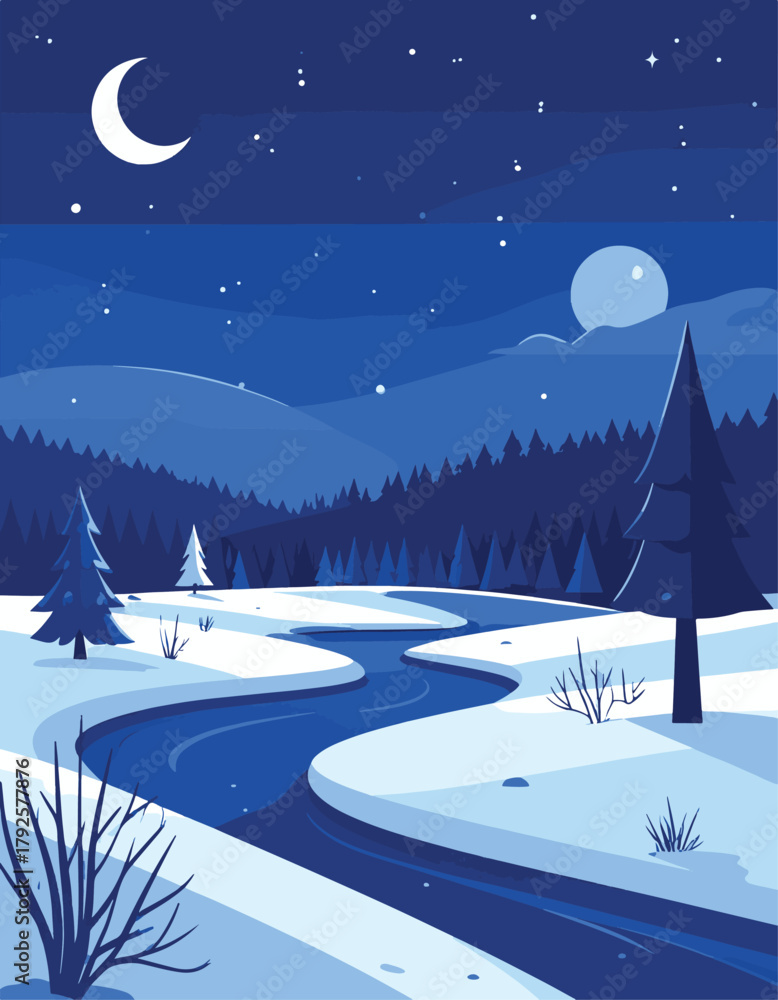 Naklejka premium Winter Night Mountain Landscape Vector 