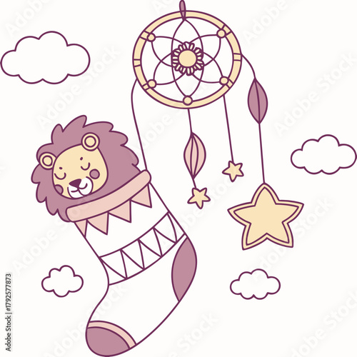 Silly Lion with snuggled in a sock, set in a charming Fantasy dream theme – Dreamland color vector art
