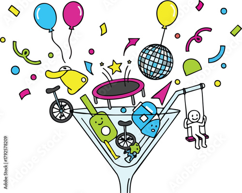 Festive Martini Glass Overflowing with Party Elements and Confetti Balloons Disco Ball and Toys