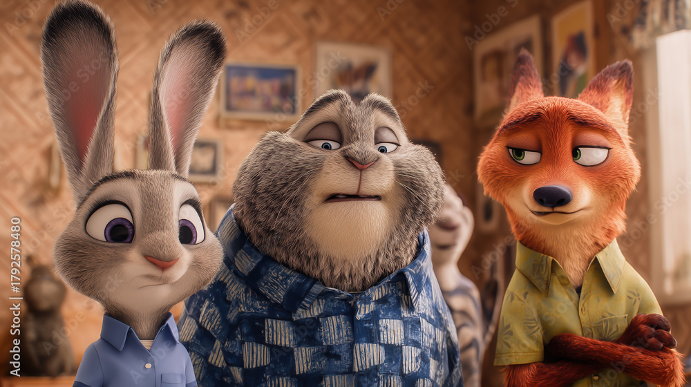 Fototapeta premium Cartoon characters featuring a rabbit, a fox, and a large hare, engaged in a conversation, showcasing vibrant colors and expressive features in a lively animated setting