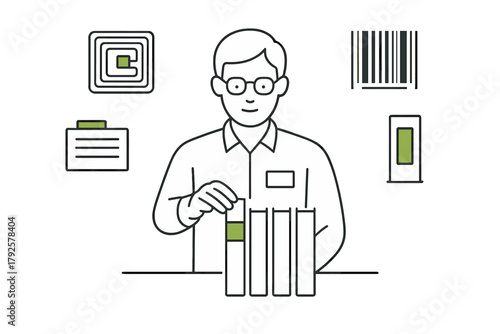 Professional managing data inventory with barcode and RFID tracking symbols