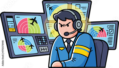 Air Traffic Controller Monitoring Radar Screens with Airplanes in a Control Room