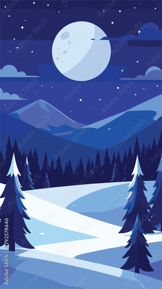 Naklejka premium Winter Night Mountain Landscape Vector 
