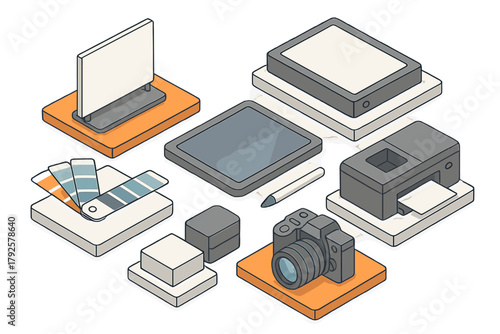 Isometric setup of digital design and photography equipment with monitor, tablet, camera, and color swatches