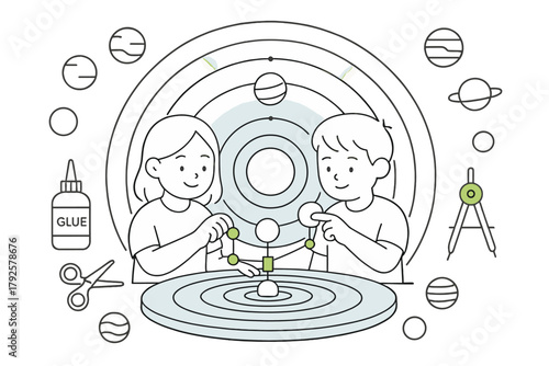 Elementary school students collaborating on science project building a solar system model