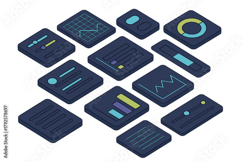 Isometric data visualization dashboard elements and user interface components for business analytics and reporting
