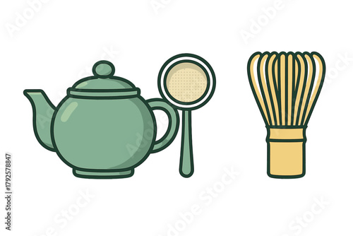 Traditional tea ceremony accessories set featuring teapot sifter and bamboo whisk