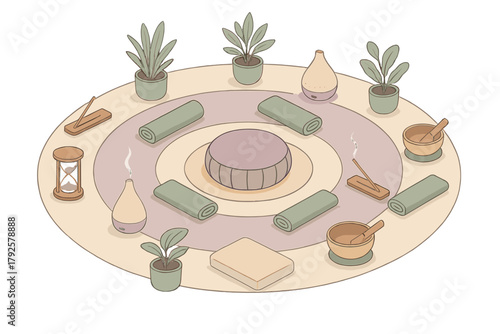 Group yoga and meditation setup with wellness accessories on a circular rug