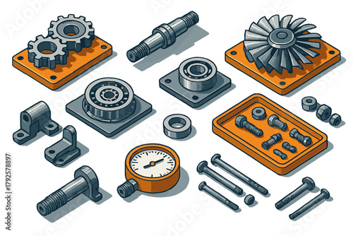 Essential mechanical engineering components and industrial machine parts in isometric view