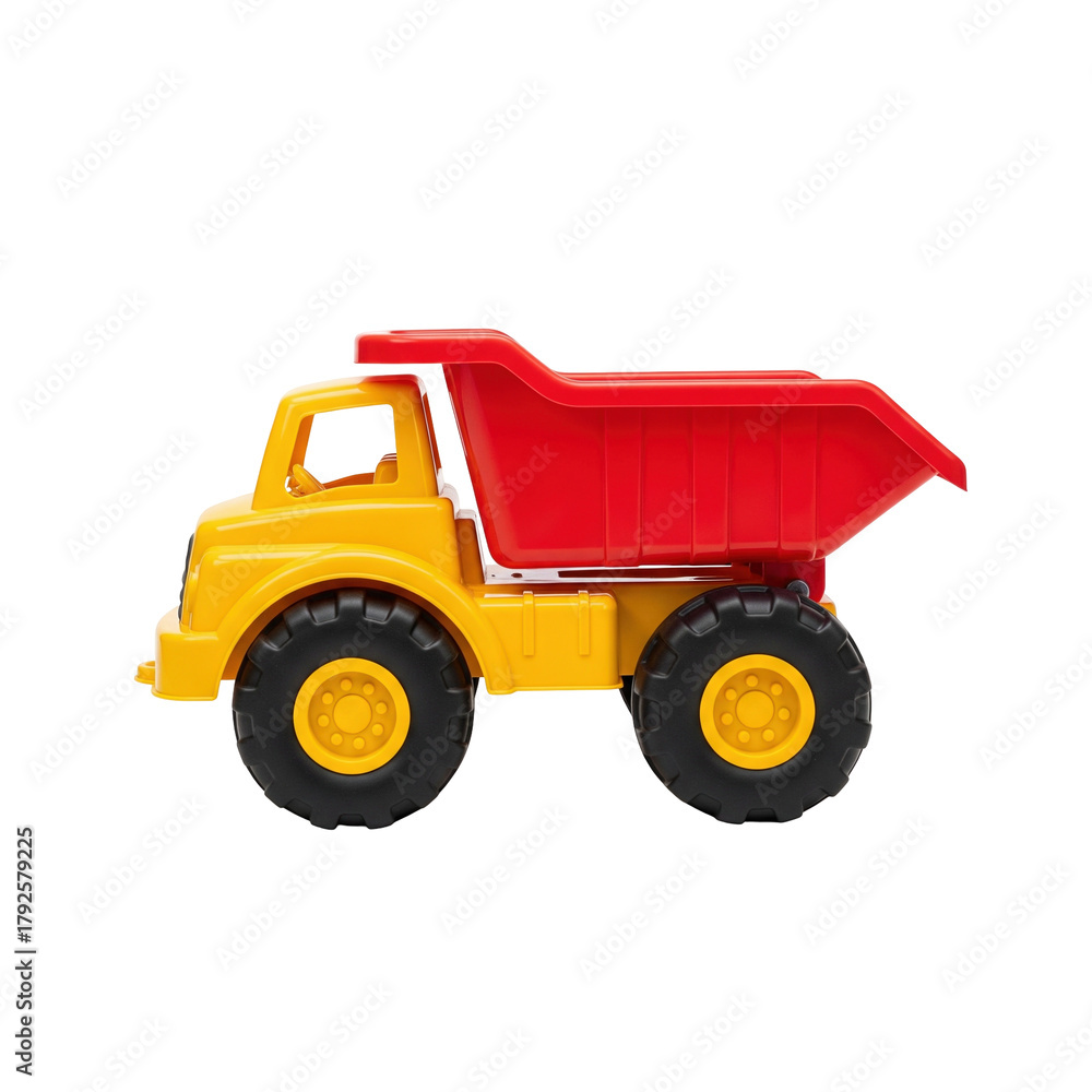 Obraz premium Colorful plastic dump truck toy for children's sandbox construction games and creative play