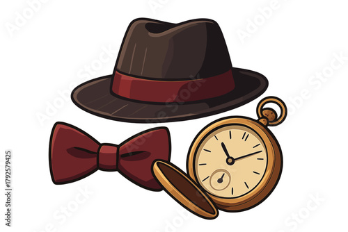 Classic gentleman accessories set with fedora hat, bow tie, and antique pocket watch