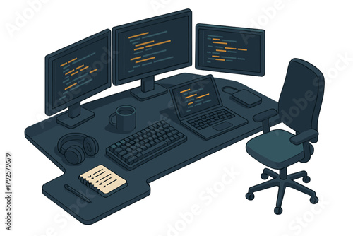 Modern professional developer workspace setup with multiple monitors and coding equipment