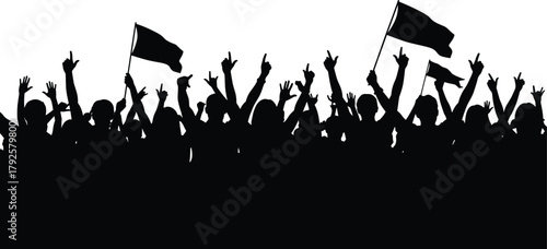 Silhouette crowd with raised arms, waving flags, cheering people, protest scene, unity, peace signs, celebration, black figures on white background