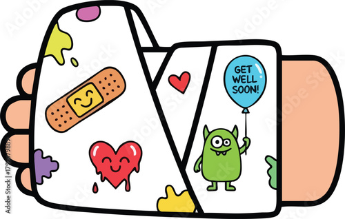 Arm Cast With Get Well Soon Balloon Heart And Monster Illustration In White Background
