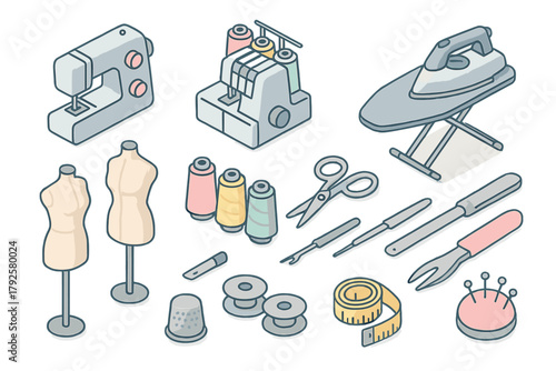 Isometric collection of professional tailoring tools and sewing equipment
