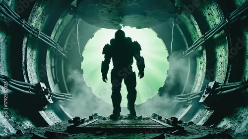 Massive mech smashes through urban tunnel, crushing concrete into rubble and green dust beneath a dark sci-fi skyline, conveying catastrophic power and industrial chaos