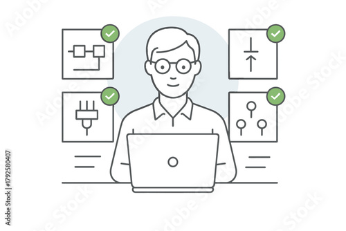 Smiling male programmer successfully finishing technical tasks on laptop computer