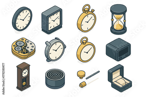 Isometric collection of various timepieces, including clocks, watches, hourglasses, and mechanical components