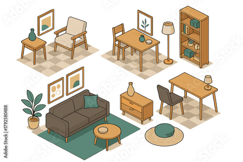 Isometric set of modern living room and dining room furniture elements for interior design