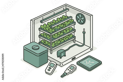 Isometric indoor hydroponic growing system with leafy greens and monitoring tools