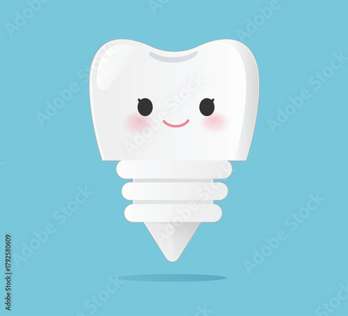 Cute dental implant cartoon tooth with smiling face illustratio