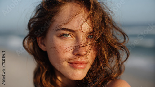 Beautiful girl with golden hair in the sunlight on the beach.