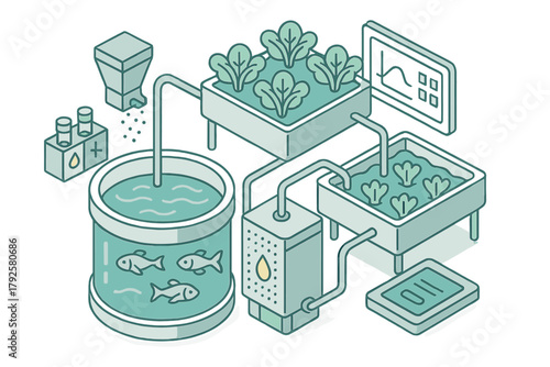 Isometric diagram of closed-loop aquaponics system with fish tanks and growing beds
