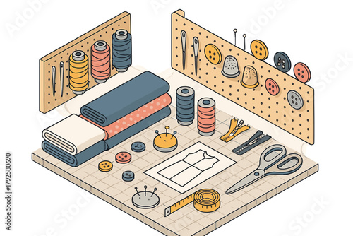 Isometric view of various sewing and tailoring supplies including folded fabric, thread spools, scissors, and a dress pattern