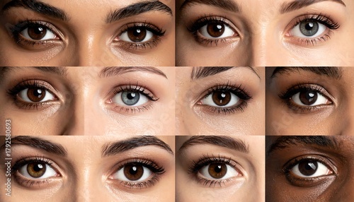 Collage of diverse human eyes, showcasing varied irises and skin tones in a detailed, close-up grid arrangement