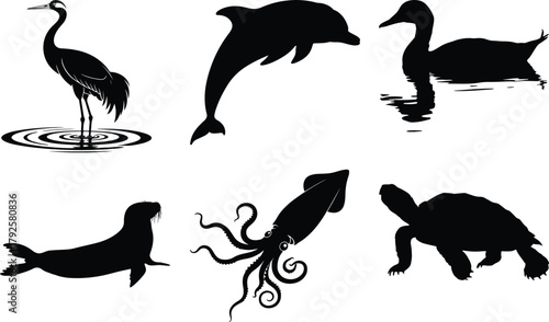 Silhouette collection of various aquatic and wading animals