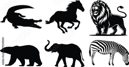 Collection of black animal silhouettes on white background