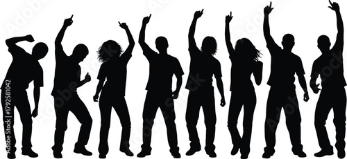 Silhouetted group dancing with raised arms, energetic poses, celebration, unity, black figures on white background, abstract movement, festive crowd illustration